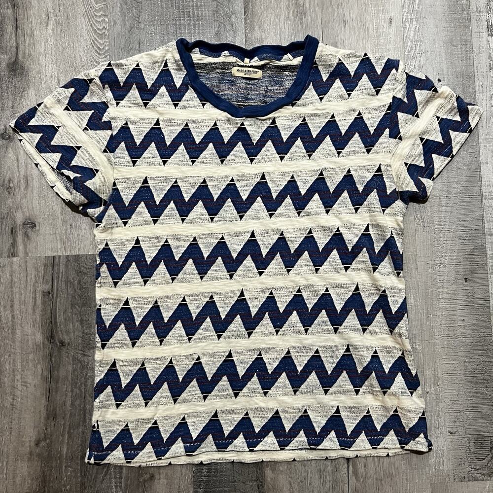 Levis Made And Crafted Blue Geometric Zig Zag LVC Single Stitch T Shirt Sz 2